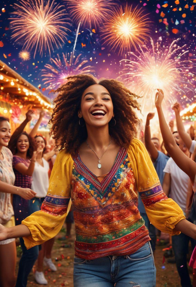A vibrant festival scene filled with people celebrating joyfully, colorful decorations adorning the background, fireworks illuminating the night sky, and confetti swirling around. Smiling faces of diverse individuals immersed in dance and laughter, with a glowing sun setting in the backdrop, symbolizing warmth and happiness. super-realistic. vibrant colors. festive atmosphere.