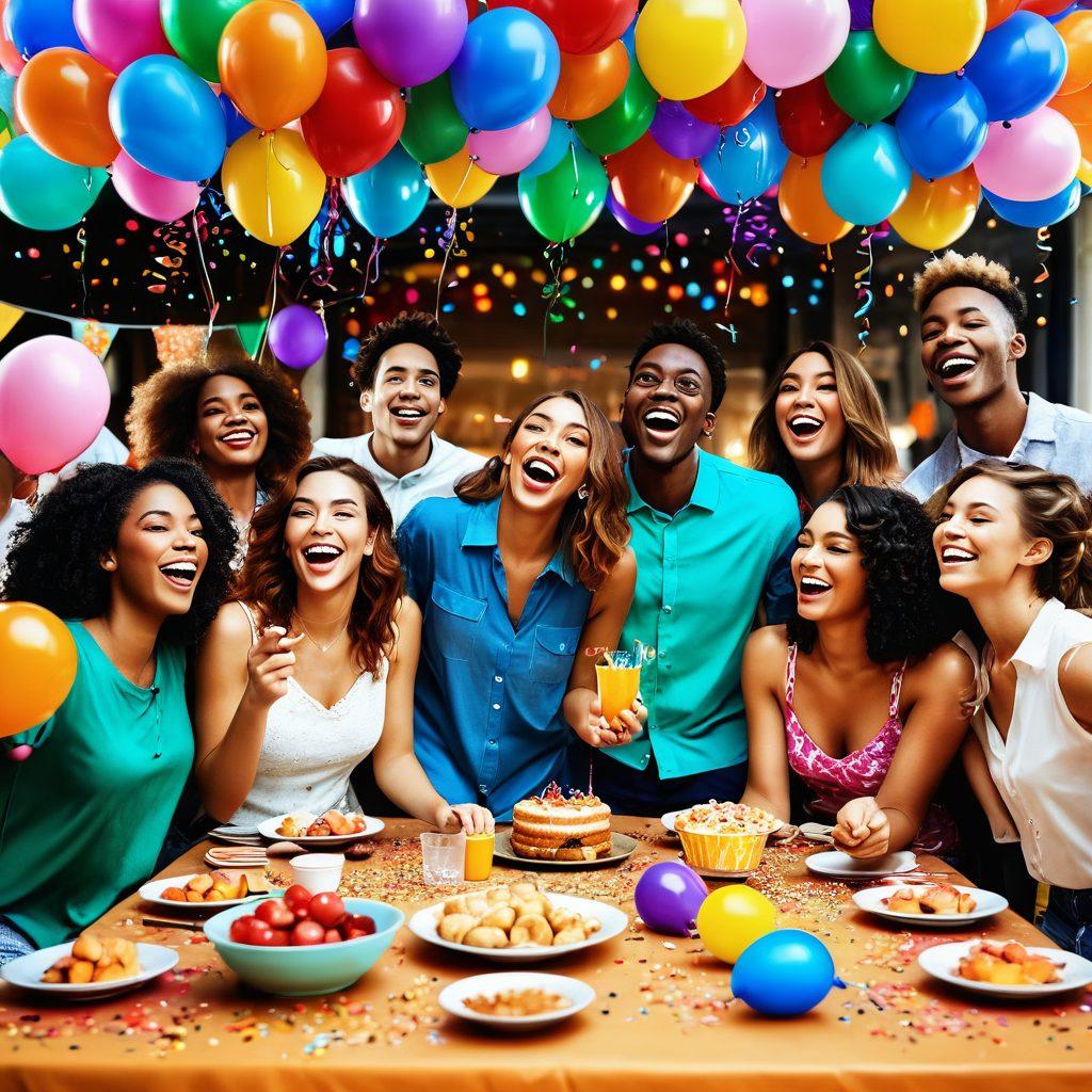 A vibrant party scene showcasing a diverse group of friends joyfully celebrating together, surrounded by colorful decorations and balloons. Include elements of laughter, confetti falling from above, and delicious-looking treats on a long table. The atmosphere should radiate warmth and happiness, with bright lighting enhancing the festive mood. super-realistic. vibrant colors. 3D.