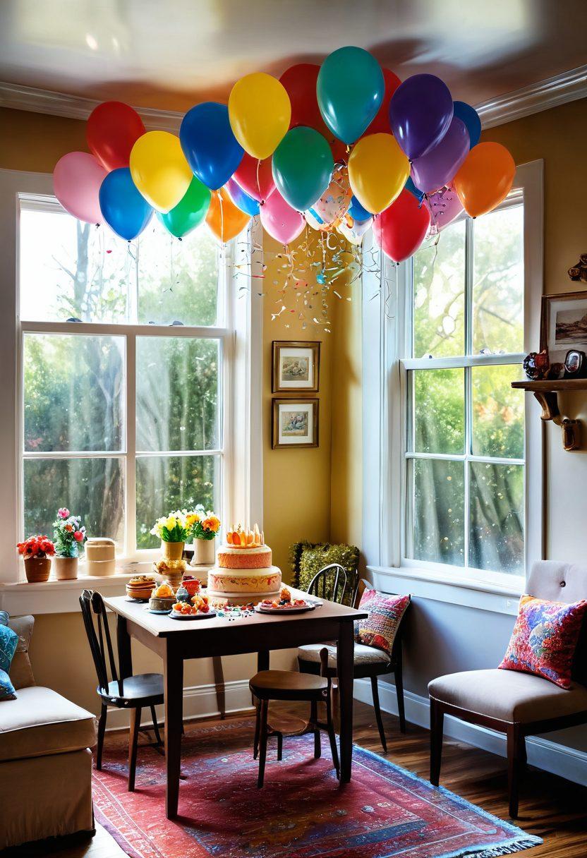 A whimsical scene depicting a cozy home filled with colorful decorations, balloons, and a table adorned with a delightful cake and confetti. Emphasize laughter and joyful expressions of family and friends celebrating everyday moments together. Sunlight streaming through the window adds warmth to the atmosphere. Illustrate a magical, uplifting ambiance. vibrant colors. super-realistic.